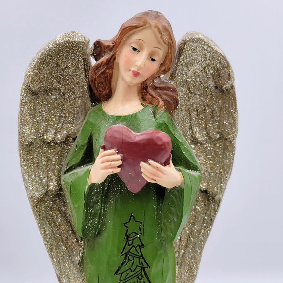 Angel Figurine Christmas Poinsettia Glitter Wings Heart Polyresin Woodcarve Tabl - Picture 6 of 10
